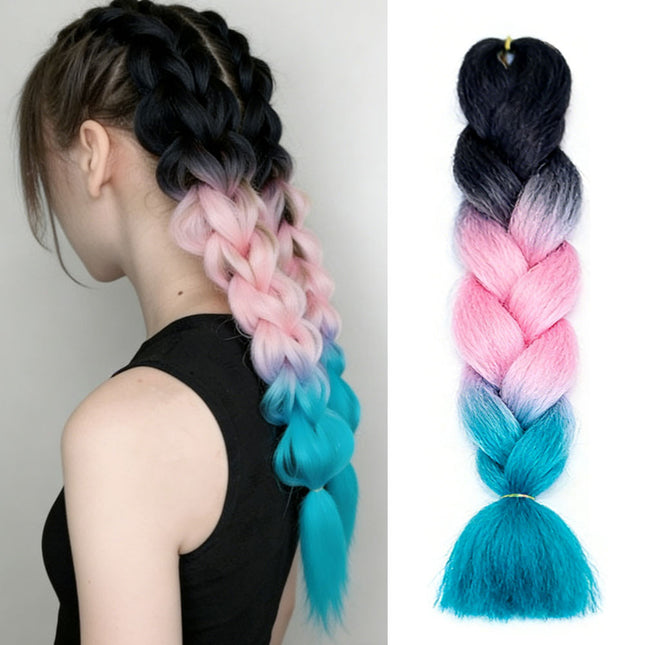 62cm Synthetic Gradient Coloured Braiding Hair Extensions -Black&Pink&Teal