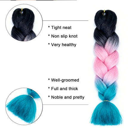 62cm Synthetic Gradient Coloured Braiding Hair Extensions -Black&Pink&Teal