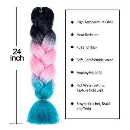 62cm Synthetic Gradient Coloured Braiding Hair Extensions -Black&Pink&Teal