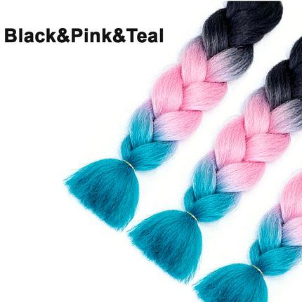 62cm Synthetic Gradient Coloured Braiding Hair Extensions -Black&Pink&Teal