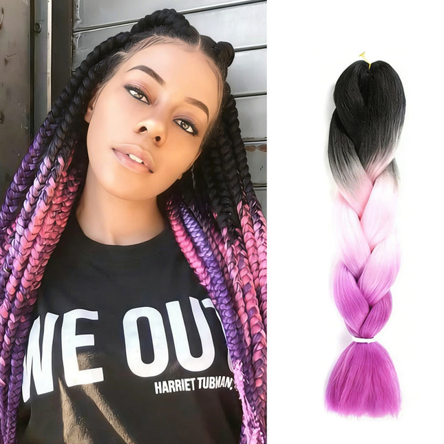 62cm Synthetic Gradient Coloured Braiding Hair Extensions -Black&Pink&Purple