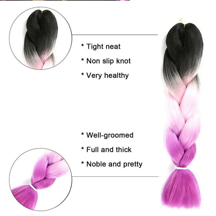 62cm Synthetic Gradient Coloured Braiding Hair Extensions -Black&Pink&Purple