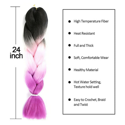 62cm Synthetic Gradient Coloured Braiding Hair Extensions -Black&Pink&Purple