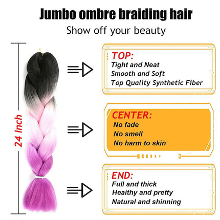 62cm Synthetic Gradient Coloured Braiding Hair Extensions -Black&Pink&Purple