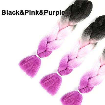 62cm Synthetic Gradient Coloured Braiding Hair Extensions -Black&Pink&Purple