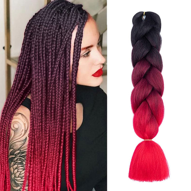 62cm Synthetic Gradient Coloured Braiding Hair Extensions -Black&Wine&Red