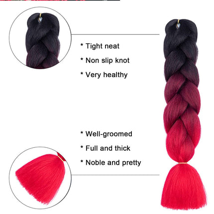 62cm Synthetic Gradient Coloured Braiding Hair Extensions -Black&Wine&Red