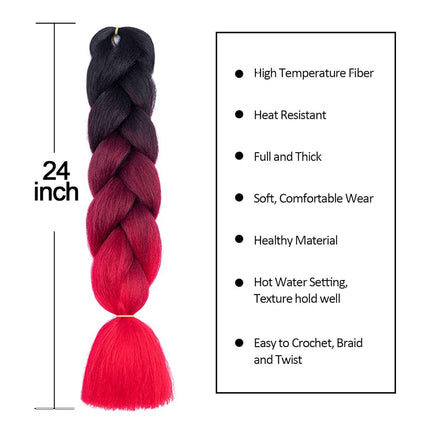 62cm Synthetic Gradient Coloured Braiding Hair Extensions -Black&Wine&Red