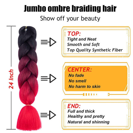 62cm Synthetic Gradient Coloured Braiding Hair Extensions -Black&Wine&Red