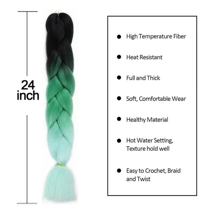 62cm Synthetic Gradient Coloured Braiding Hair Extensions -Black&Green&Mint