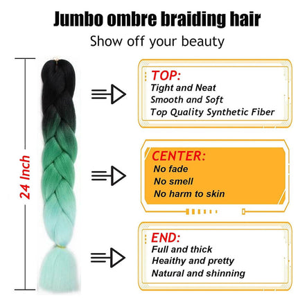 62cm Synthetic Gradient Coloured Braiding Hair Extensions -Black&Green&Mint