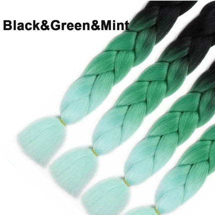 62cm Synthetic Gradient Coloured Braiding Hair Extensions -Black&Green&Mint