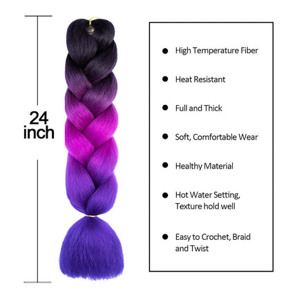 62cm Synthetic Gradient Coloured Braiding Hair Extensions -Black&Dark Purple&Dark Blue