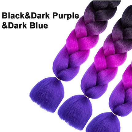 62cm Synthetic Gradient Coloured Braiding Hair Extensions -Black&Dark Purple&Dark Blue