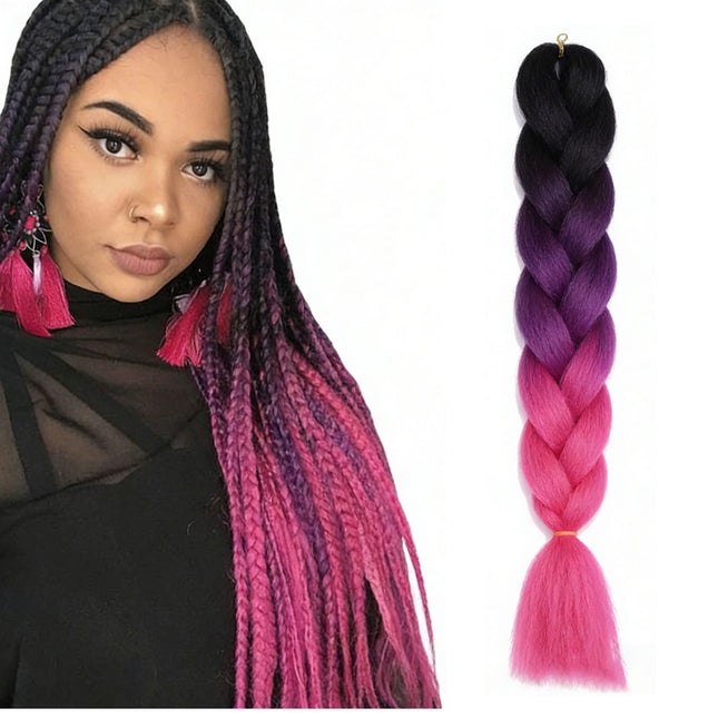 62cm Synthetic Gradient Coloured Braiding Hair Extensions -Black&Hot Pink&Pink