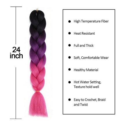 62cm Synthetic Gradient Coloured Braiding Hair Extensions -Black&Hot Pink&Pink