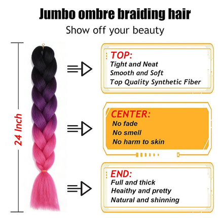 62cm Synthetic Gradient Coloured Braiding Hair Extensions -Black&Hot Pink&Pink