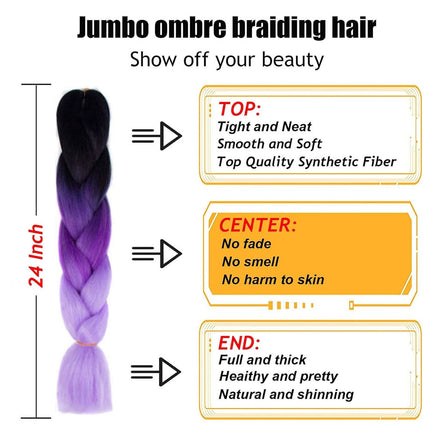 62cm Synthetic Gradient Coloured Braiding Hair Extensions -Black&Dark Purple&Light Purple