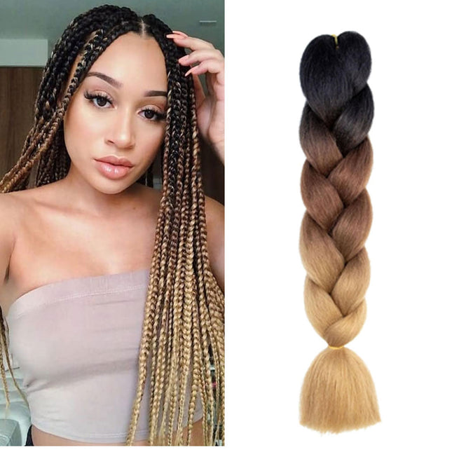 62cm Synthetic Gradient Coloured Braiding Hair Extensions -Black&Dark Auburn&Light Brown