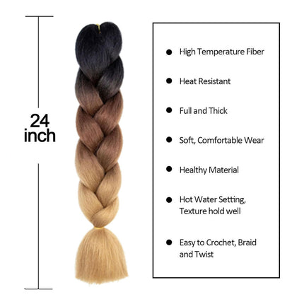 62cm Synthetic Gradient Coloured Braiding Hair Extensions -Black&Dark Auburn&Light Brown