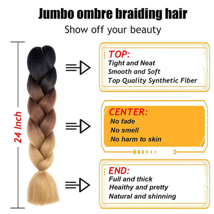 62cm Synthetic Gradient Coloured Braiding Hair Extensions -Black&Dark Auburn&Light Brown