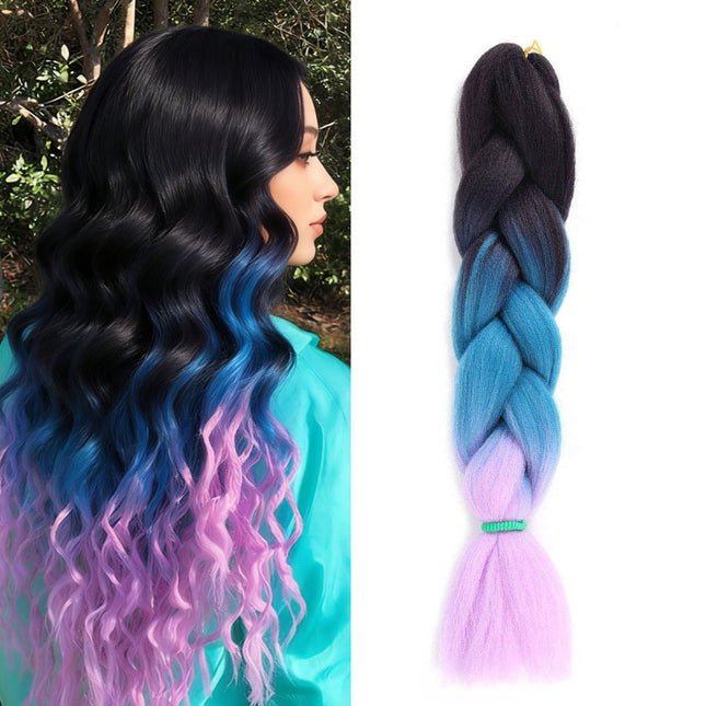62cm Synthetic Gradient Coloured Braiding Hair Extensions - Dark Black&Lake Blue&Light Purple