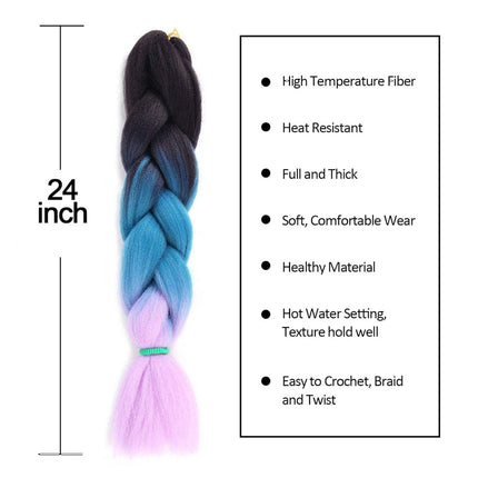 62cm Synthetic Gradient Coloured Braiding Hair Extensions - Dark Black&Lake Blue&Light Purple