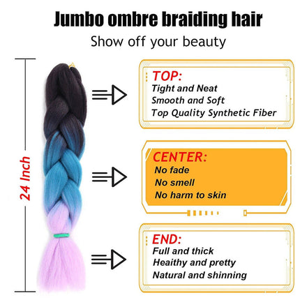 62cm Synthetic Gradient Coloured Braiding Hair Extensions - Dark Black&Lake Blue&Light Purple