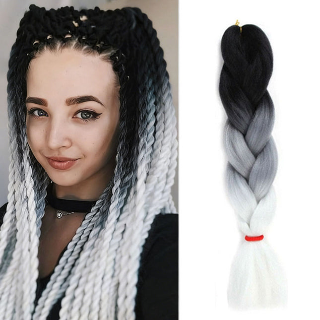 62cm Synthetic Gradient Coloured Braiding Hair Extensions -Black&Grey&White
