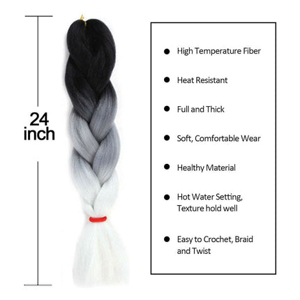 62cm Synthetic Gradient Coloured Braiding Hair Extensions -Black&Grey&White