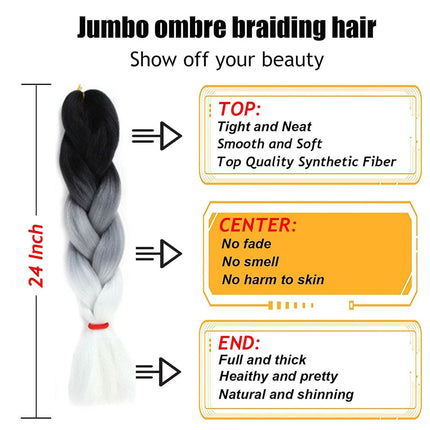 62cm Synthetic Gradient Coloured Braiding Hair Extensions -Black&Grey&White