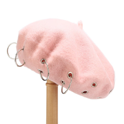 Pink Unisex Beanie Lady Wool French Beret Hat Cap Winter Warm Iron Ring Design Rock