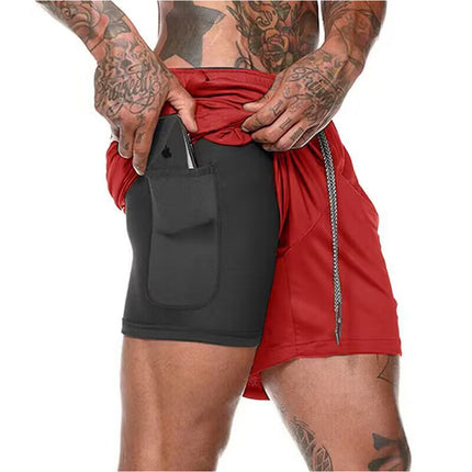 Men Running Shorts 2 in 1 Sports Jogging GYM Fitness Training Quick Dry Breathab Red