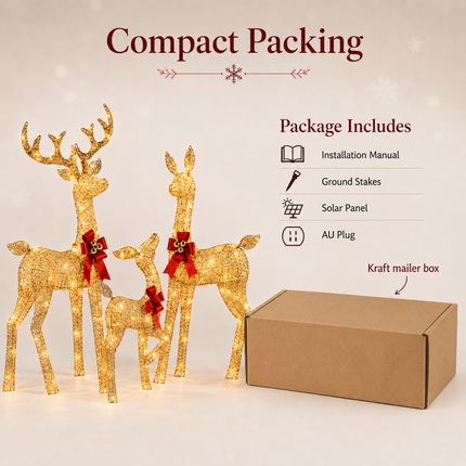 3-Piece Champagne Gold Lighted Reindeer Family Christmas Decoration 210 Warm White LED Metal Stag Doe Fawn Set Dual Powered by Solar Panel or AU Plug IPX4 Waterproof Outdoor Christmas Deer Decorations for Yard Lawn Garden