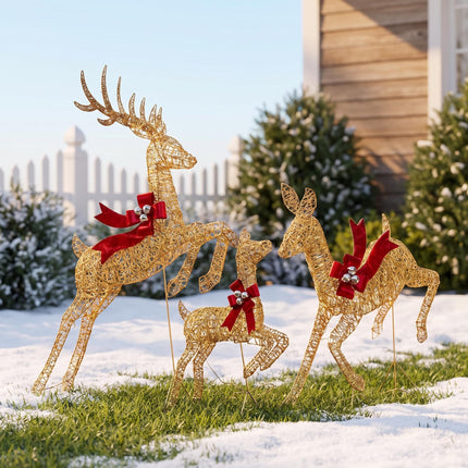 3-Piece Lighted Christmas Prancing Reindeer Family Gold Prancing Outdoor Display Stag Doe Fawn Outdoor Xmas Deer Set with Solar Panel AU Plug