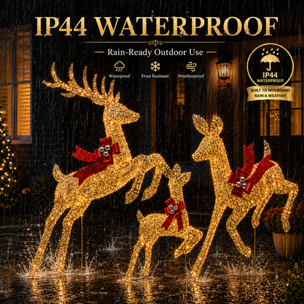 3-Piece Lighted Christmas Prancing Reindeer Family Gold Prancing Outdoor Display Stag Doe Fawn Outdoor Xmas Deer Set with Solar Panel AU Plug