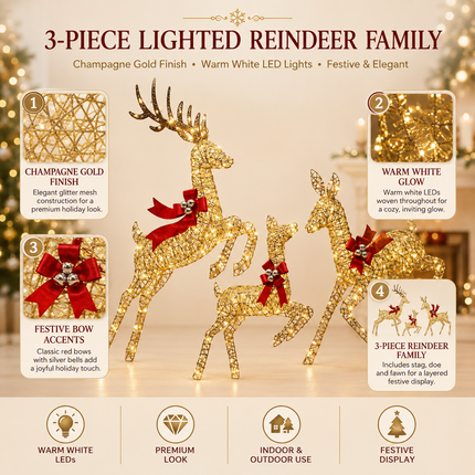 3-Piece Lighted Christmas Prancing Reindeer Family Gold Prancing Outdoor Display Stag Doe Fawn Outdoor Xmas Deer Set with Solar Panel AU Plug