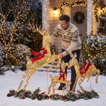 3-Piece Lighted Christmas Prancing Reindeer Family Gold Prancing Outdoor Display Stag Doe Fawn Outdoor Xmas Deer Set with Solar Panel AU Plug