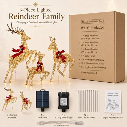 3-Piece Lighted Christmas Prancing Reindeer Family Gold Prancing Outdoor Display Stag Doe Fawn Outdoor Xmas Deer Set with Solar Panel AU Plug