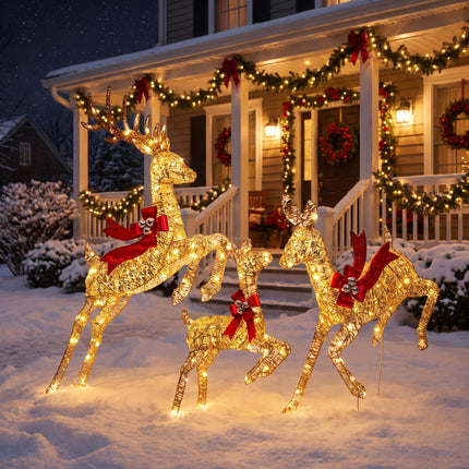 3-Piece Lighted Christmas Prancing Reindeer Family Gold Prancing Outdoor Display Stag Doe Fawn Outdoor Xmas Deer Set with Solar Panel AU Plug
