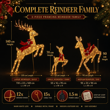3-Piece Lighted Christmas Prancing Reindeer Family Gold Prancing Outdoor Display Stag Doe Fawn Outdoor Xmas Deer Set with Solar Panel AU Plug
