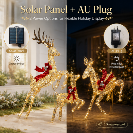 3-Piece Lighted Christmas Prancing Reindeer Family Gold Prancing Outdoor Display Stag Doe Fawn Outdoor Xmas Deer Set with Solar Panel AU Plug