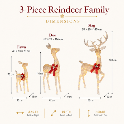 3-Piece Lighted Reindeer Family Christmas Decoration Set 210 Warm White LED Stag Doe Fawn with Solar Panel & AU Plug Detachable Champagne White Glitter Indoor Covered Outdoor Xmas Display