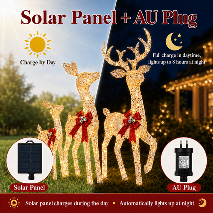 3-Piece Lighted Reindeer Family Christmas Decoration Set 210 Warm White LED Stag Doe Fawn with Solar Panel & AU Plug Detachable Champagne White Glitter Indoor Covered Outdoor Xmas Display