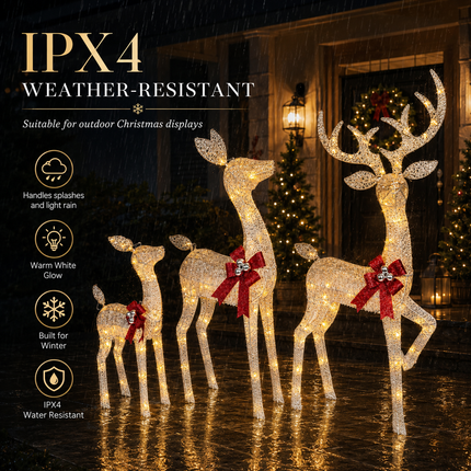 3-Piece Lighted Reindeer Family Christmas Decoration Set 210 Warm White LED Stag Doe Fawn with Solar Panel & AU Plug Detachable Champagne White Glitter Indoor Covered Outdoor Xmas Display