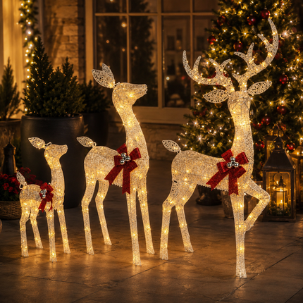 3-Piece Lighted Reindeer Family Christmas Decoration Set 210 Warm White LED Stag Doe Fawn with Solar Panel & AU Plug Detachable Champagne White Glitter Indoor Covered Outdoor Xmas Display