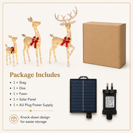 3-Piece Lighted Reindeer Family Christmas Decoration Set 210 Warm White LED Stag Doe Fawn with Solar Panel & AU Plug Detachable Champagne White Glitter Indoor Covered Outdoor Xmas Display