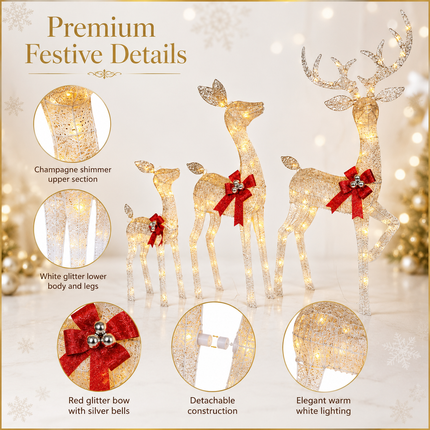 3-Piece Lighted Reindeer Family Christmas Decoration Set 210 Warm White LED Stag Doe Fawn with Solar Panel & AU Plug Detachable Champagne White Glitter Indoor Covered Outdoor Xmas Display