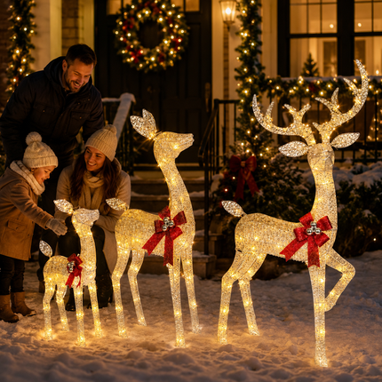 3-Piece Lighted Reindeer Family Christmas Decoration Set 210 Warm White LED Stag Doe Fawn with Solar Panel & AU Plug Detachable Champagne White Glitter Indoor Covered Outdoor Xmas Display