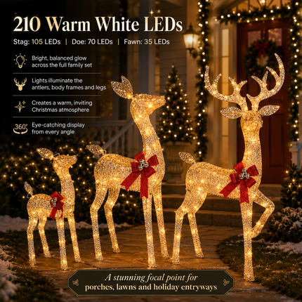 3-Piece Lighted Reindeer Family Christmas Decoration Set 210 Warm White LED Stag Doe Fawn with Solar Panel & AU Plug Detachable Champagne White Glitter Indoor Covered Outdoor Xmas Display